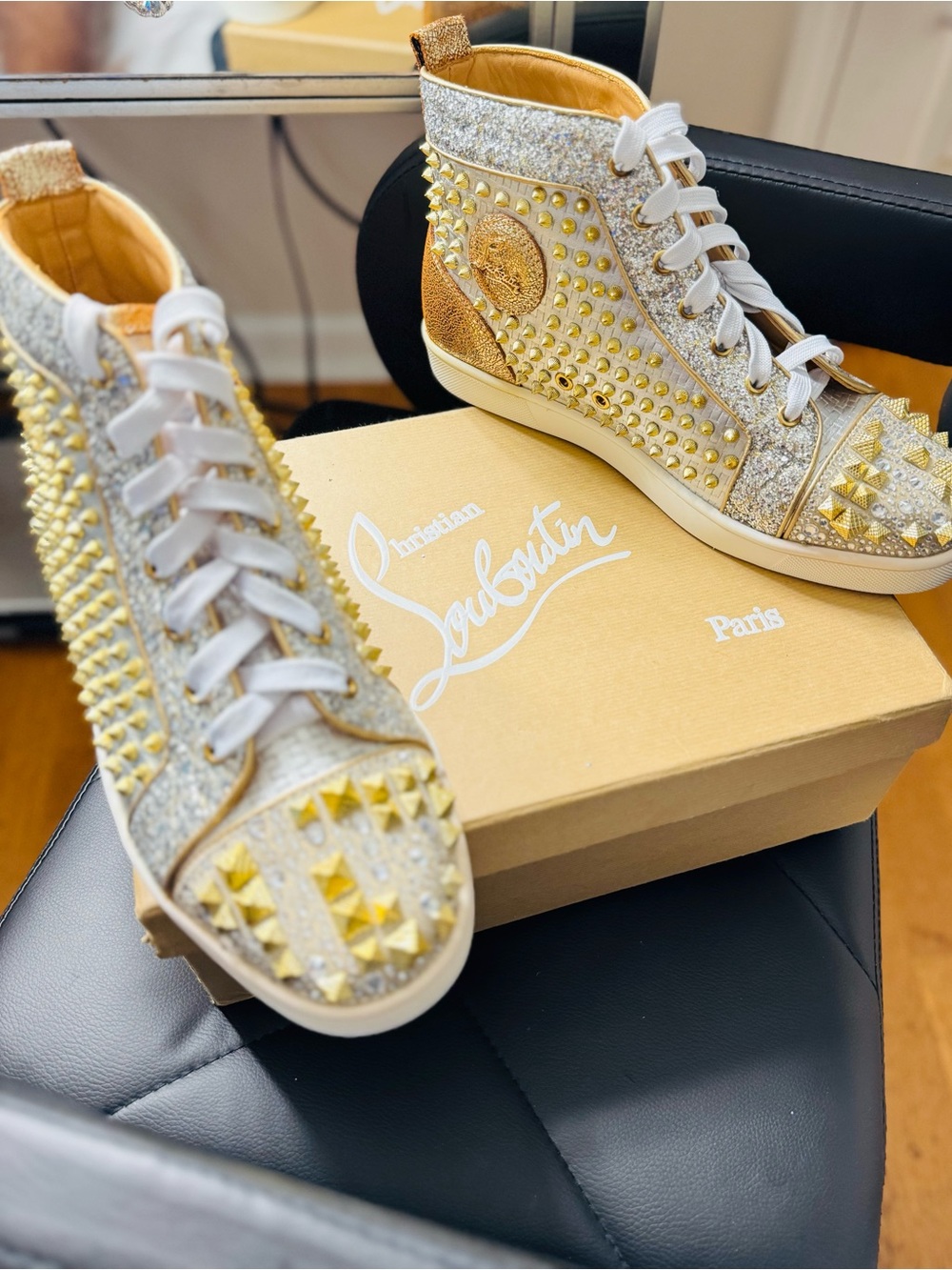 Christian Louboutin Gold and White Studded High-Top Sneakers